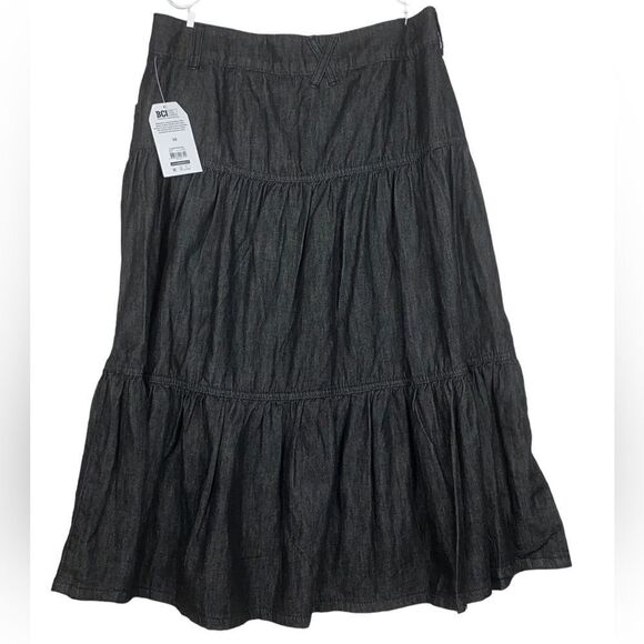 Time and Tru Wms Sz 10 Washed Black Tencel Tiered Relaxed Fit Denim Midi Skirt - Picture 5 of 5